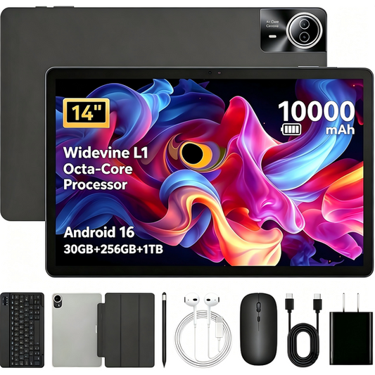 14-inch Android 16 tablet with dual cameras, dark gray back and front, keyboard case