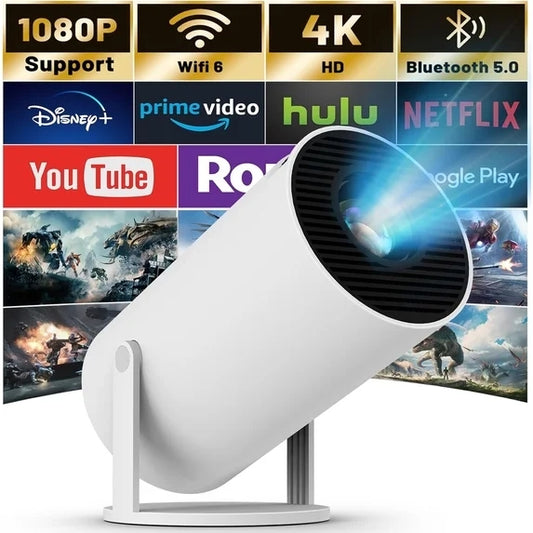 White short-throw video projector with front lens and side stand