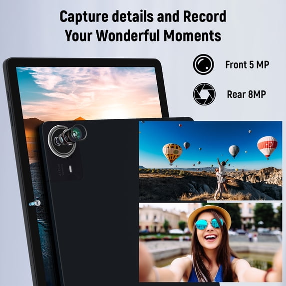 14-inch Android tablet with screen preview and camera lenses, dark bezel, slim body