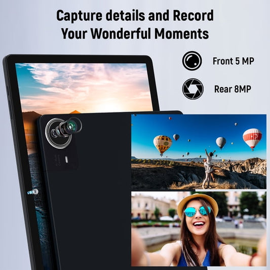14-inch Android tablet with screen preview and camera lenses, dark bezel, slim body