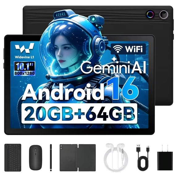 10-inch Android 16 tablet bundle, black with keyboard, mouse, and charging cables