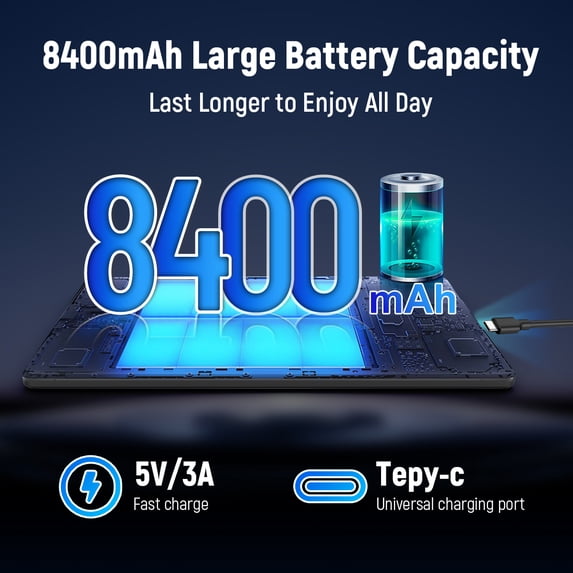 Black tablet with 8400mAh battery graphic on the screen