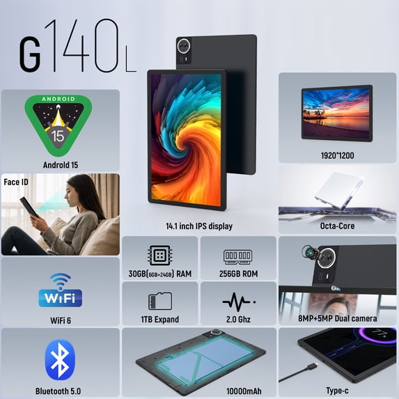 14-inch Android tablet with rear dual camera module and icons on screen, dark gray