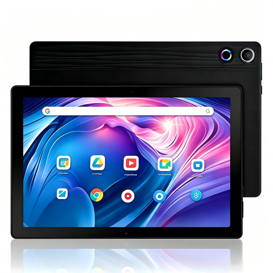 Black Android 14 tablet with front touchscreen display and rear cameras