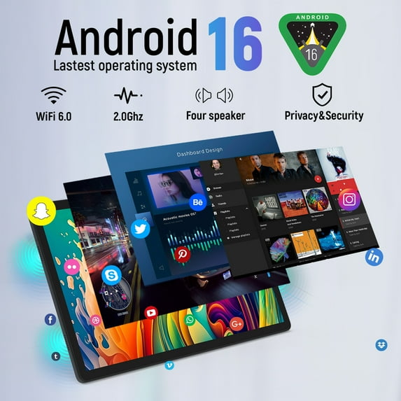 Android 16 tablet showing app tiles on screen, dark slim bezel