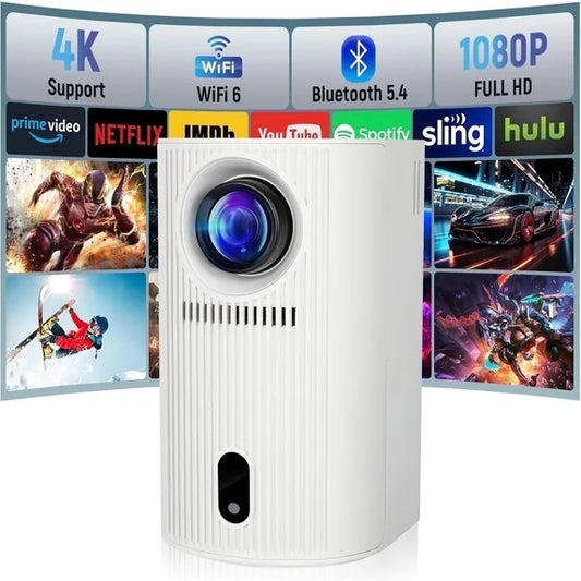 White portable projector with front lens and vertical vent slots
